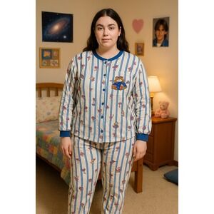 Vintage Night Gear Sleepwear Women's Pajama Set Blue Stripe Bear‎ Honey Pot 90s